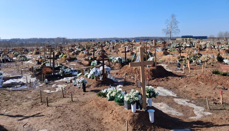 Rows of graves with wooden crosses and colorful bouquets in a sunny outdoor cemetery edge-to-edge of the field.